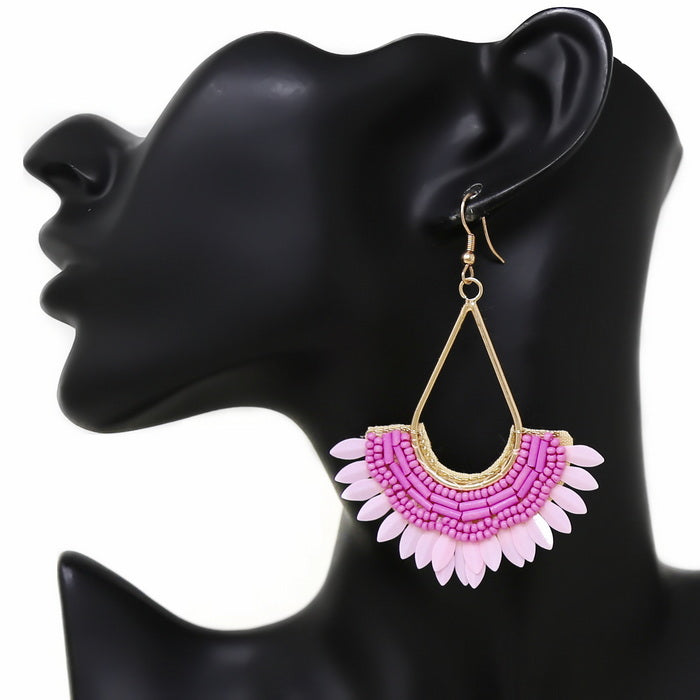 Fan Sequin Seed Beaded Artisan Teardrop Boho Earrings