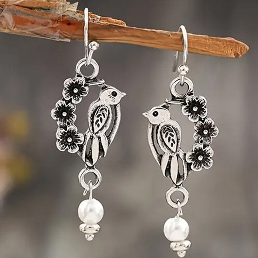 Botanical Bird on a Branch Silver Beaded Drop Earrings