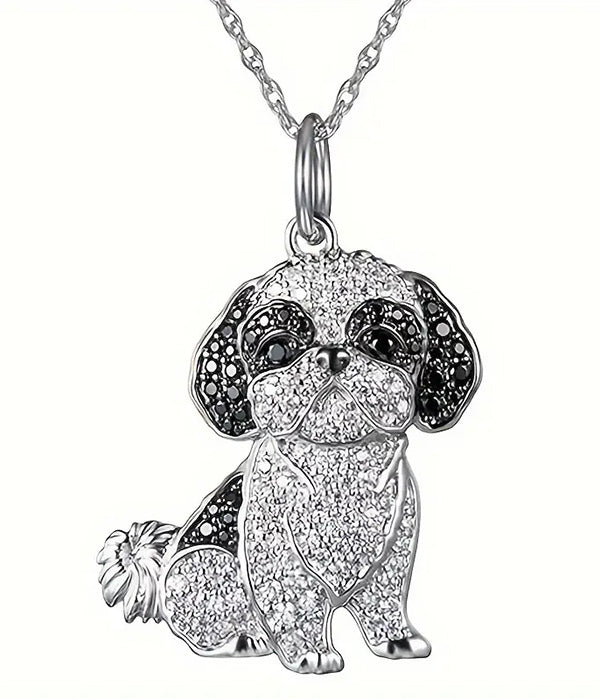 Shih Tzu Dog Breed Rhodium Sterling Silver CZ Necklace