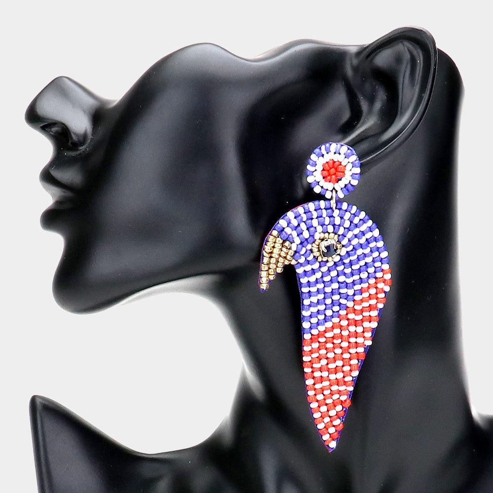 Patriotic Red White Blue Parrot Beaded Earrings