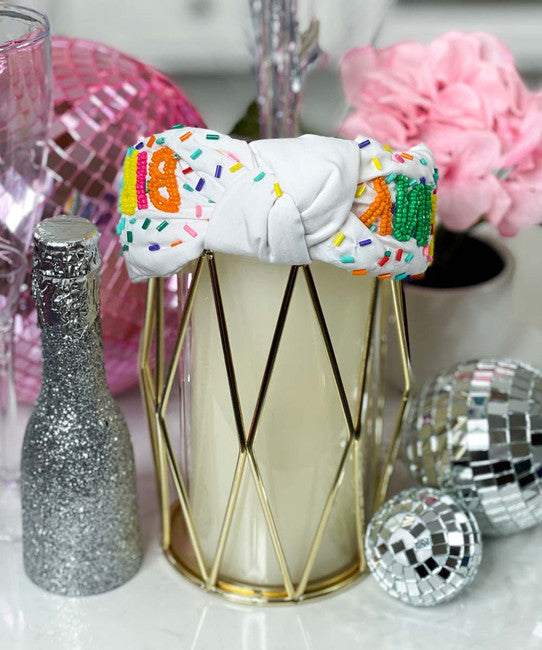 ITS MY BIRTHDAY Beaded Crystal Top Knot Headband