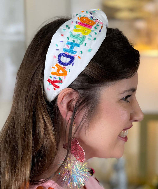ITS MY BIRTHDAY Beaded Crystal Top Knot Headband