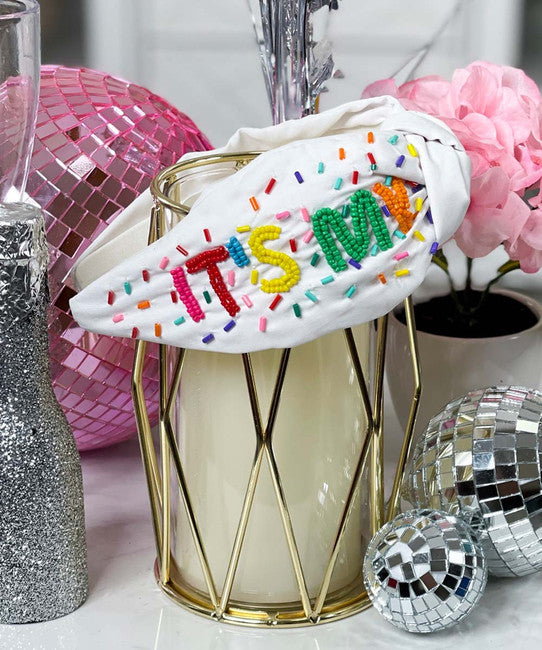 ITS MY BIRTHDAY Beaded Crystal Top Knot Headband
