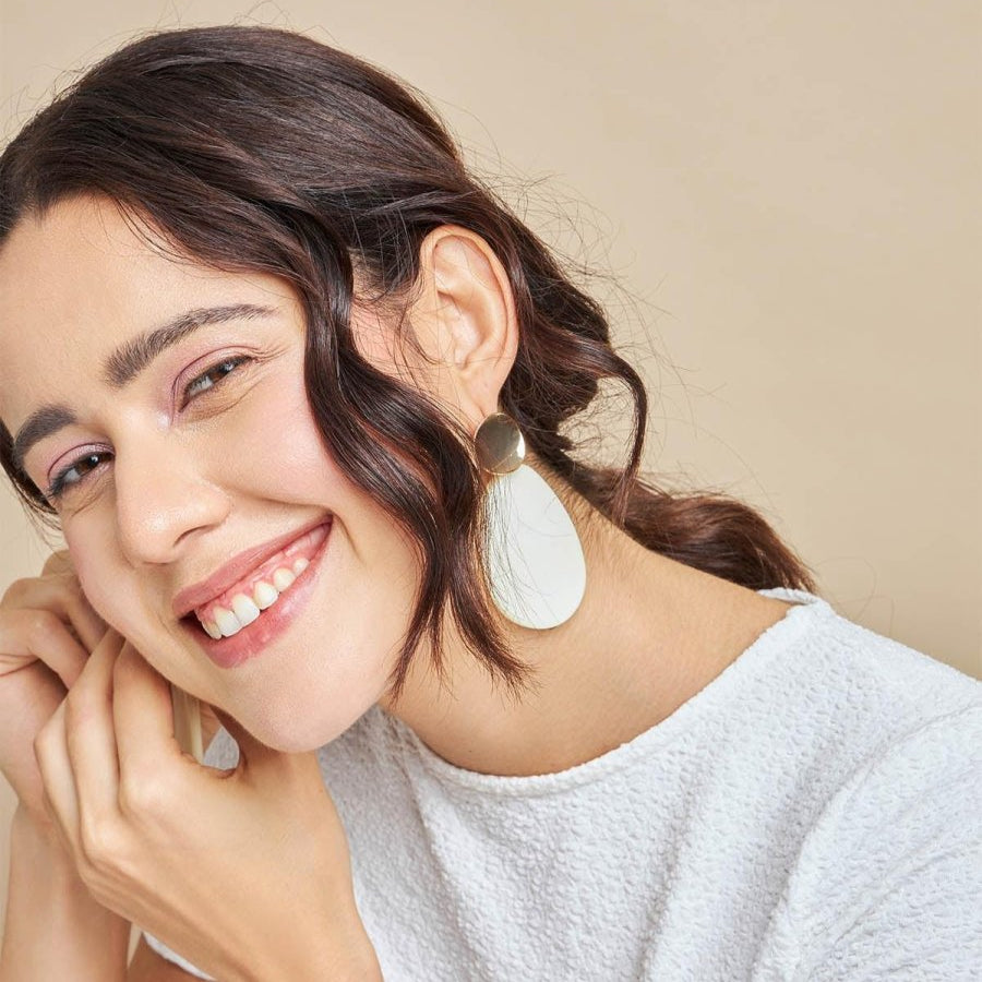 Metal Disc Mother of Pearl Shell Teardrop Earrings