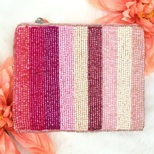 Pink Rainbow Sparkle Beaded Mini Pouch Bag