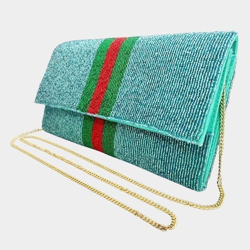 Turquoise Green Red Striped Beaded Crossbody Clutch Handbag