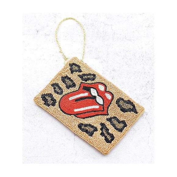 Leopard Rolling Stones Logo Beaded Wristlet Bag
