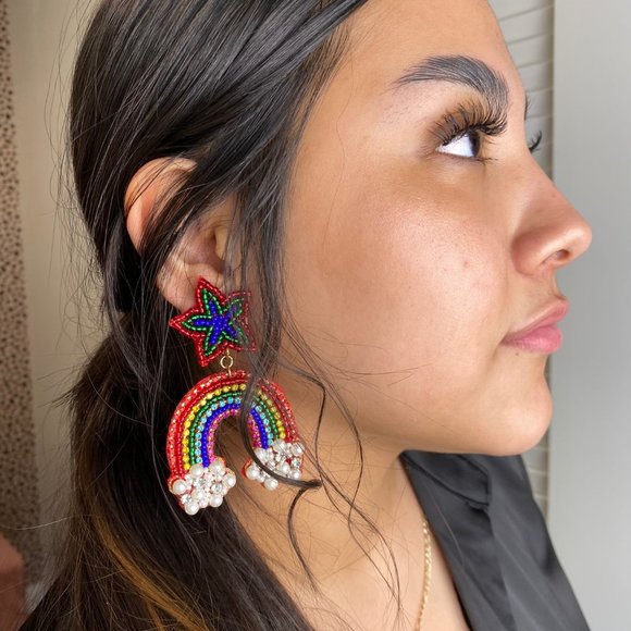Star Rainbow Beaded Dangle Statement Earrings