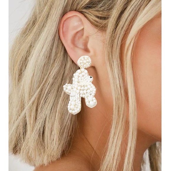 Poodle Dog Breed Seed Beaded Pearl Earrings