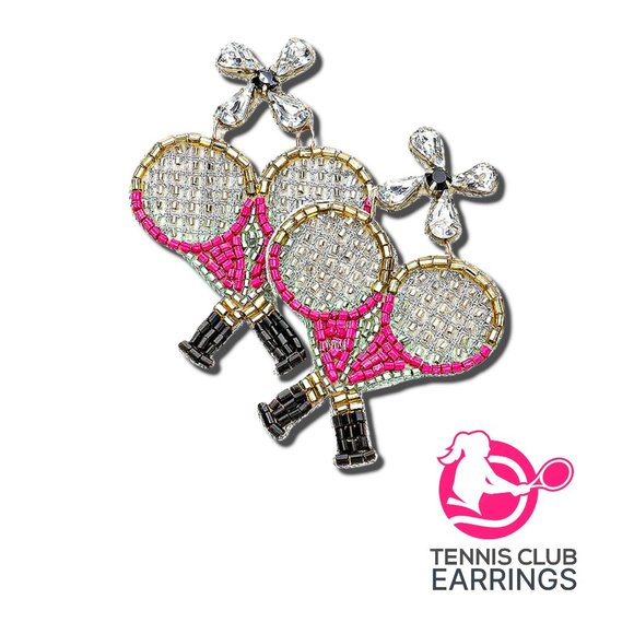 TENNIS Theme Crystal & Seed Beaded Pink Racket Earrings
