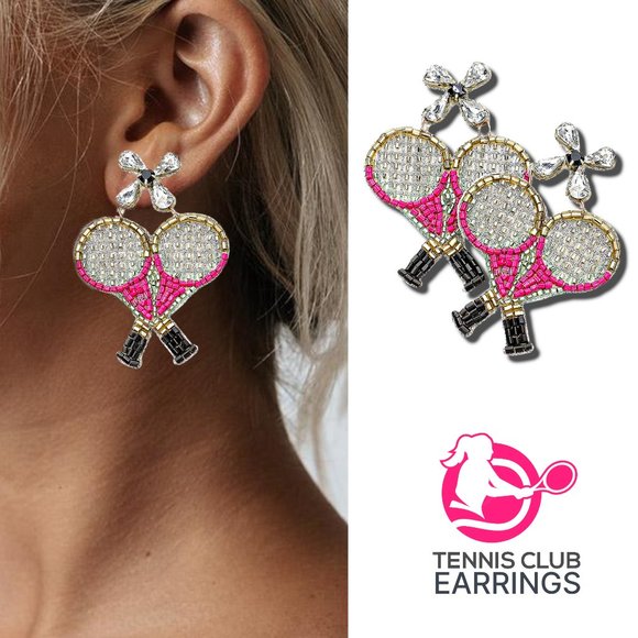 TENNIS Theme Crystal & Seed Beaded Pink Racket Earrings