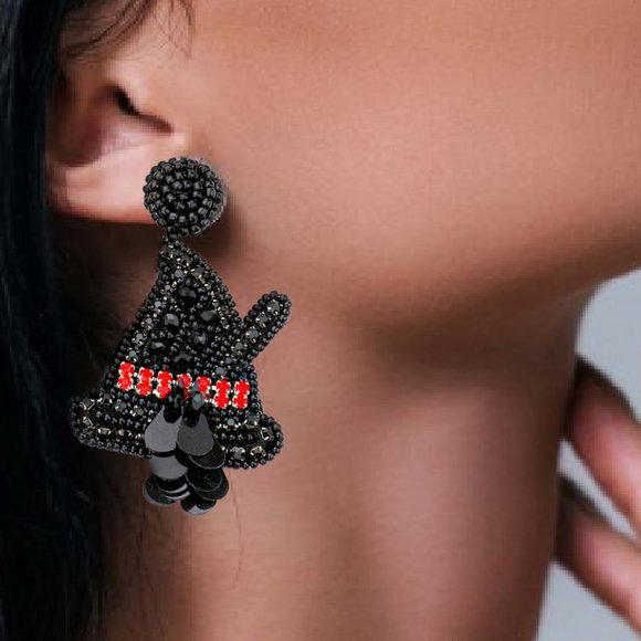 Halloween Witch Theme Broom Hat Ruby Gem Beaded Earrings
