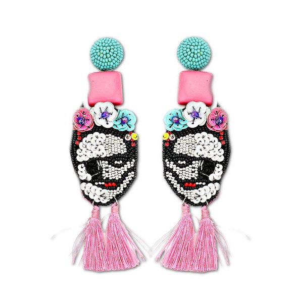 Zombie Frida Kahlo Boho Bead Tassel Pink Statement Earrings