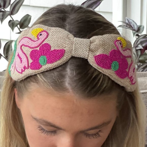 Tropical Flamingo Seed Beaded Canvas Headband