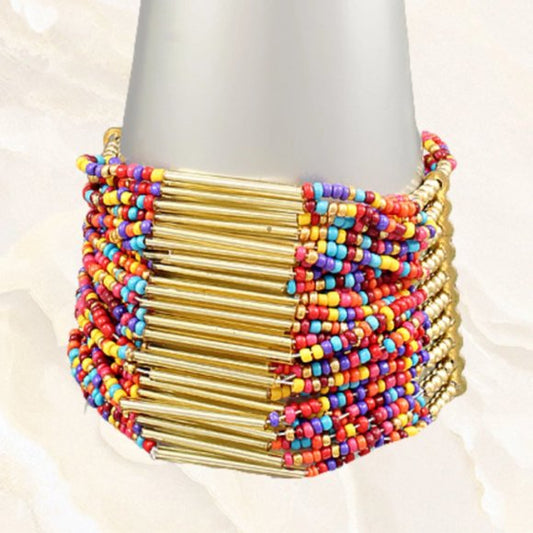 Beaded Rainbow Stretch Statement Cuff Boho Bracelet