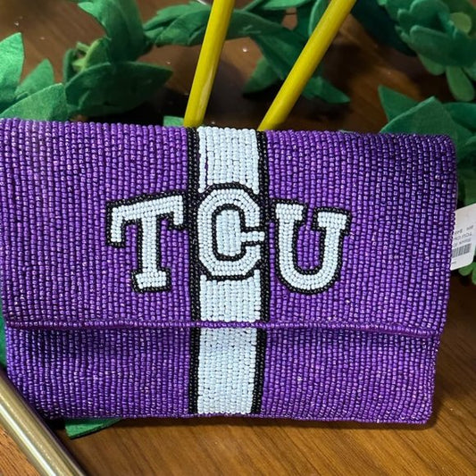 TCU TEXAS CHRISTIAN UNIVERSITY Beaded Purple Clutch Handbag