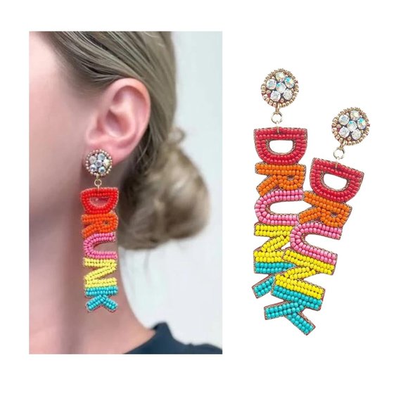 DRUNK Colorful Seed Beaded Crystal Top Earrings