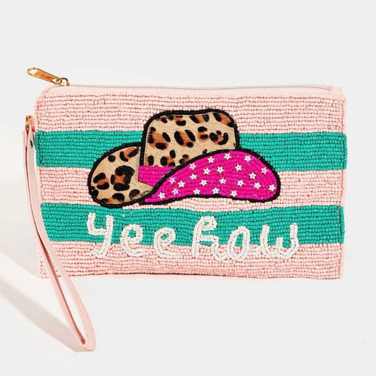 Yeehaw Beaded Pink Leopard Cowgirl Wristlet Clutch Bag