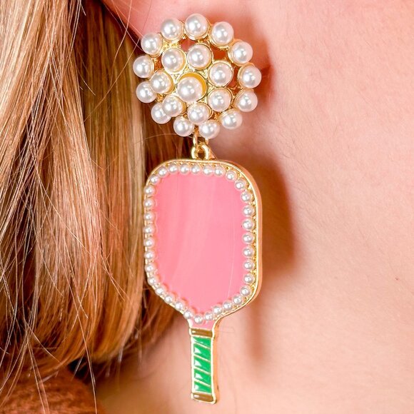 Pink Pearl Accent Pickleball Players Paddle Earrings