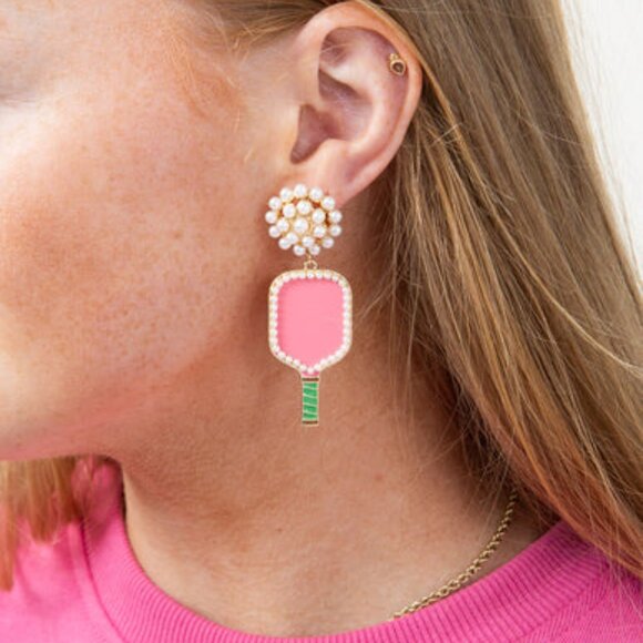 Pink Pearl Accent Pickleball Players Paddle Earrings