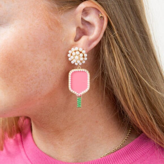 Pink Pearl Accent Pickleball Players Paddle Earrings
