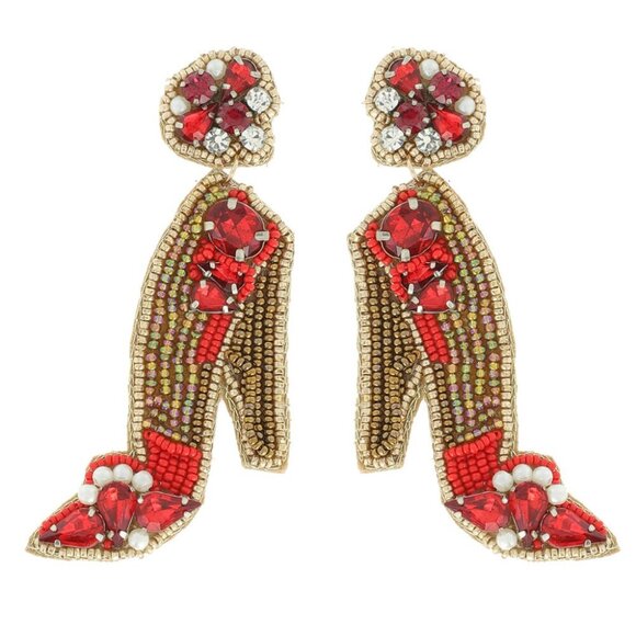 Ruby Slippers Red Heel Crystal Rhinestone Beaded Earrings