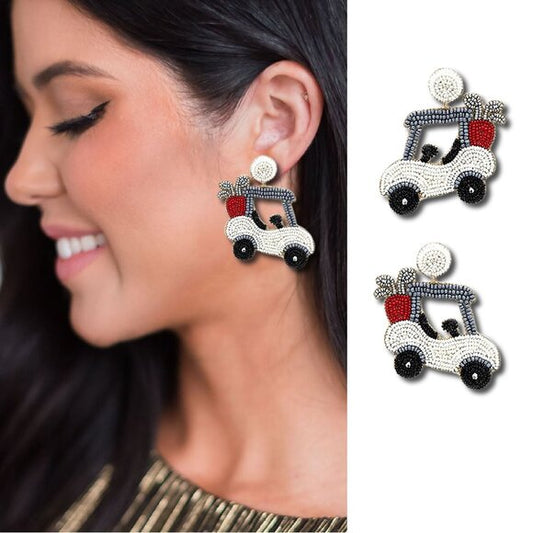 Beaded White Golf Cart Statement Earrings