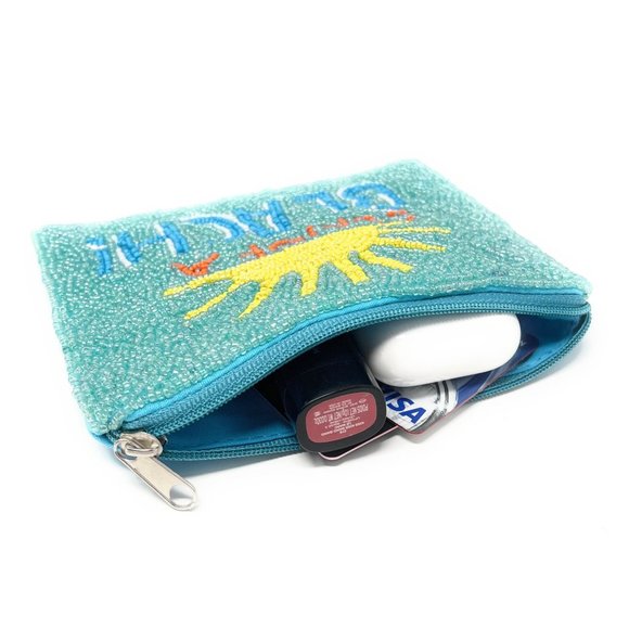 SUN OF A BEACH Message Seed Beaded Mini Pouch Bag