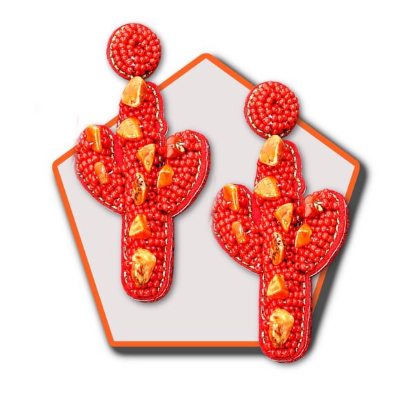 Coral Natural Stone Seed Beaded Western Cactus Earrings