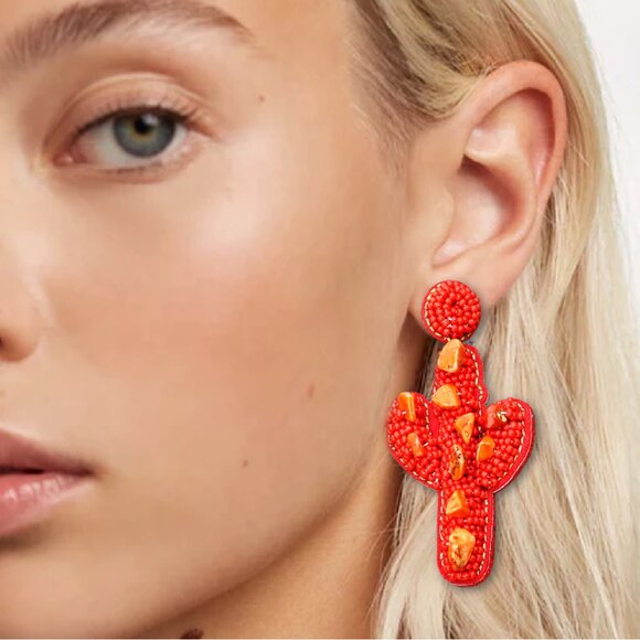 Coral Natural Stone Seed Beaded Western Cactus Earrings
