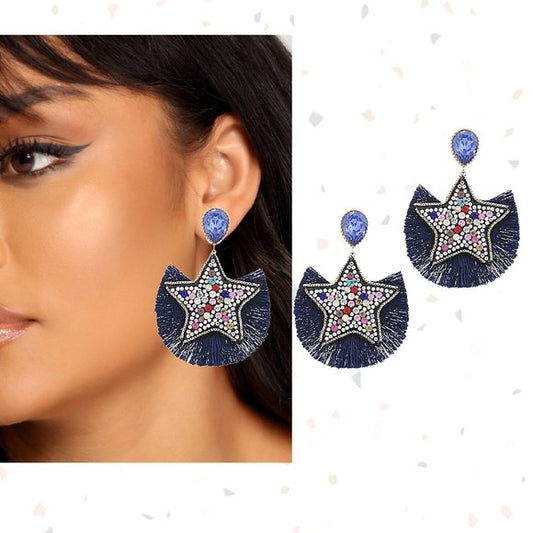 Rhinestone Crystal Blue Fringe Star Celestial Earrings