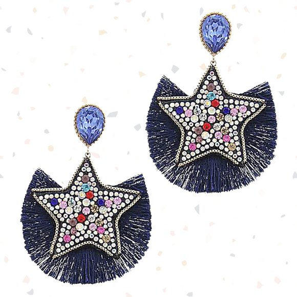 Rhinestone Crystal Blue Fringe Star Celestial Earrings
