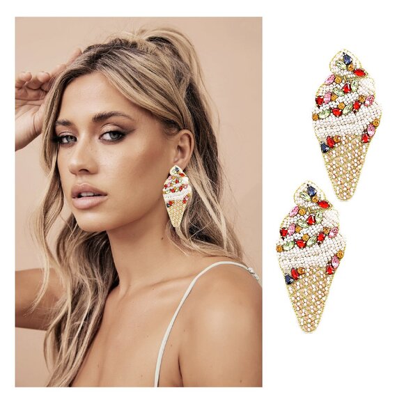 Swarovski Crystal Seed Beaded Ice Cream Cone Earrings