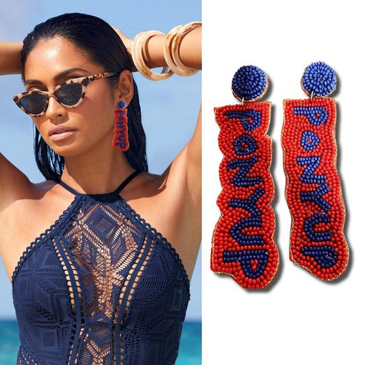 SMU Football PONYUP Beaded Red Blue Mustang Earrings