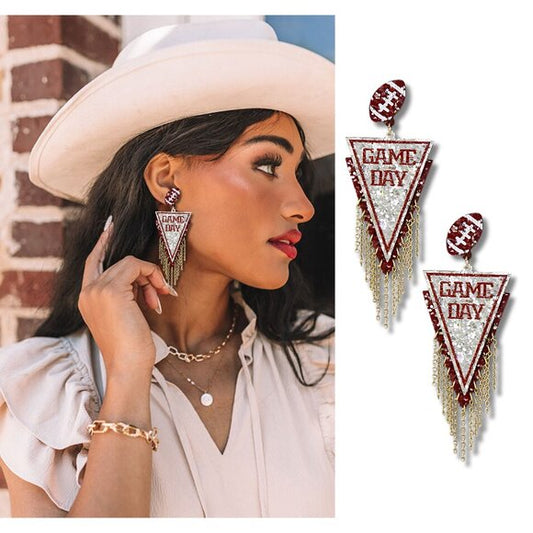 Football Alabama Team Crimson White Glitter Chain GAME DAY Earrings