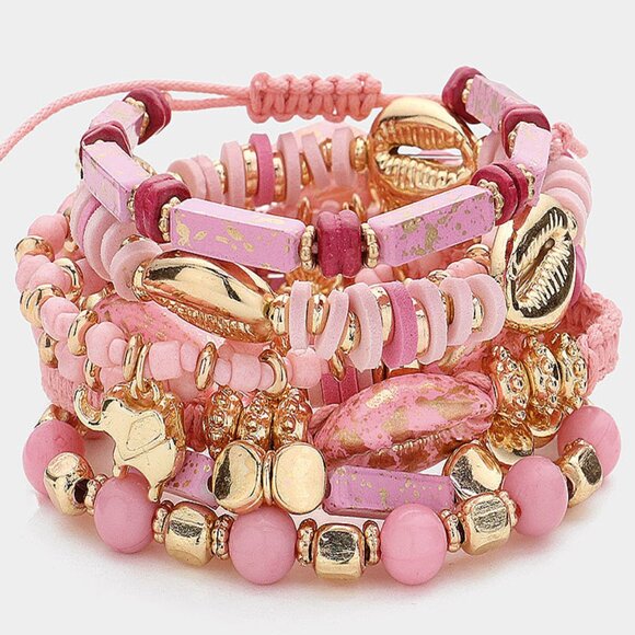 Lucky in Love 8PC Set Pink Beaded Stretch Charm Bracelets