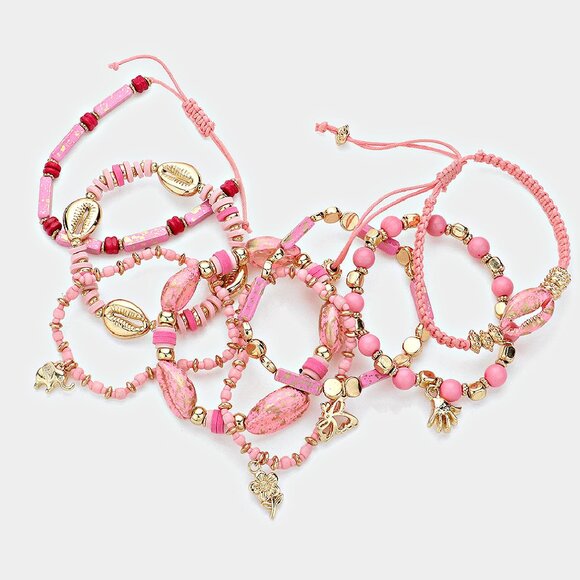 Lucky in Love 8PC Set Pink Beaded Stretch Charm Bracelets