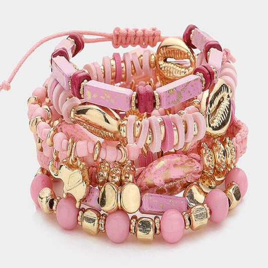 Lucky in Love 8PC Set Pink Beaded Stretch Charm Bracelets