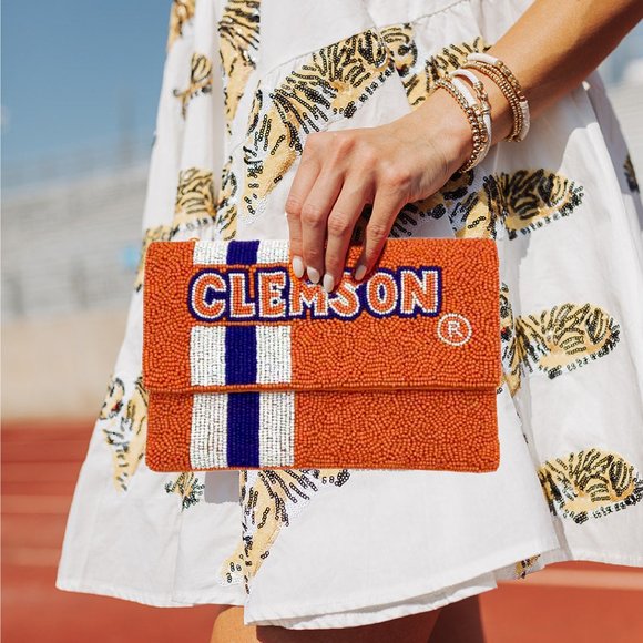 CLEMSON Football Orange Seed Beaded Crossbody Clutch Bag