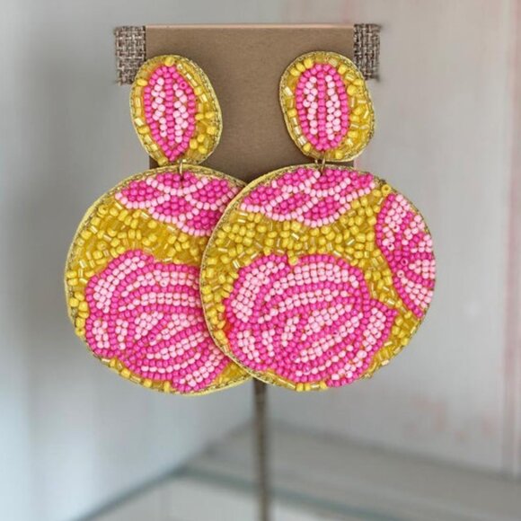 Pink Yellow Rose Garden Seed Beaded Large Statement Earrings