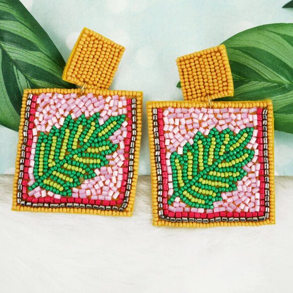 Botanical Leaf Pink Green Autumn Seed Beaded Large Statement Earrings