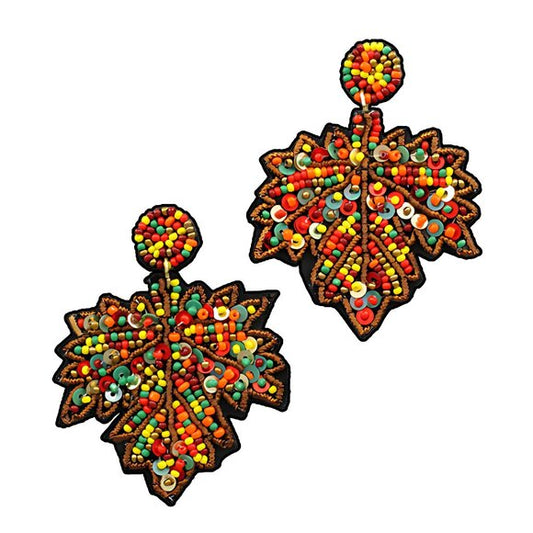 Leaf Autumn Fall Seed Beaded Sparkle Statement Earrings