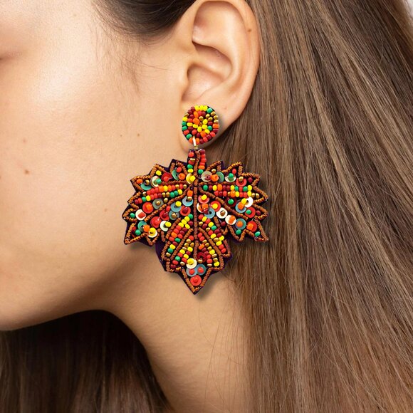 Leaf Autumn Fall Seed Beaded Sparkle Statement Earrings