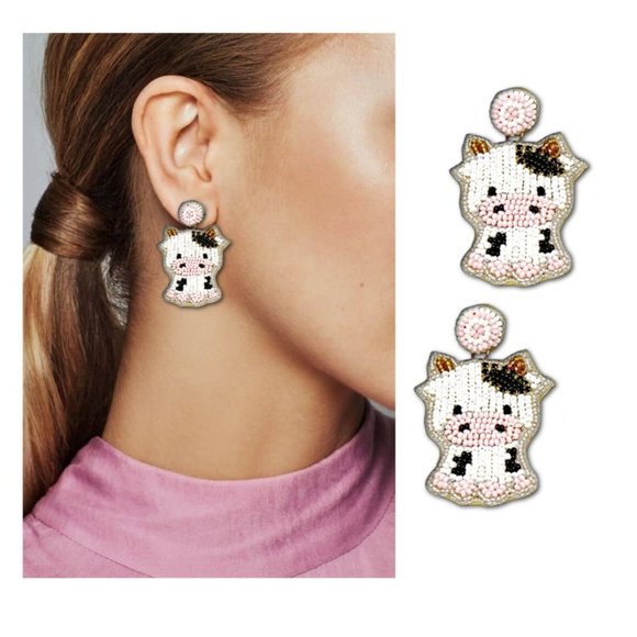 Baby Cow Calf Farm Seed Beaded Earrings