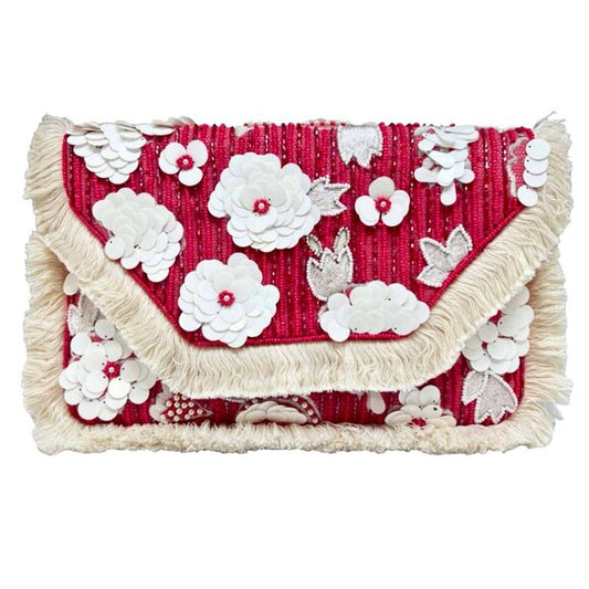 Pink Sequin Floral Boho Fringe Crossbody Clutch