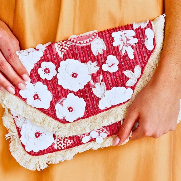 Pink Sequin Floral Boho Fringe Crossbody Clutch