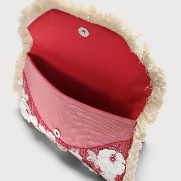 Pink Sequin Floral Boho Fringe Crossbody Clutch