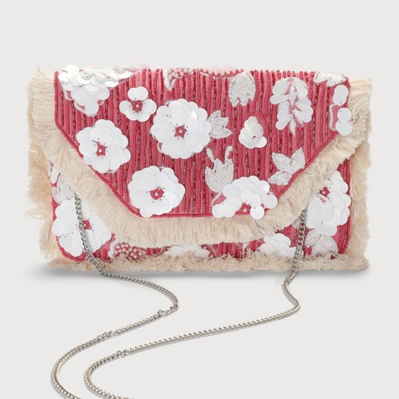 Pink Sequin Floral Boho Fringe Crossbody Clutch