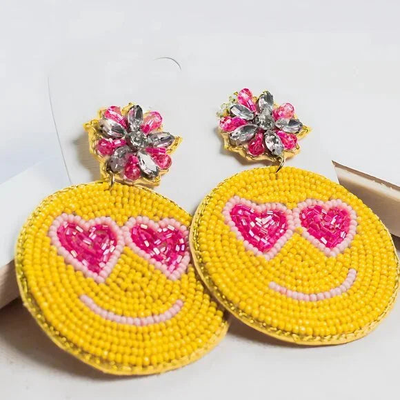 Heart Eyes Emoji Smiley Face Beaded Earrings