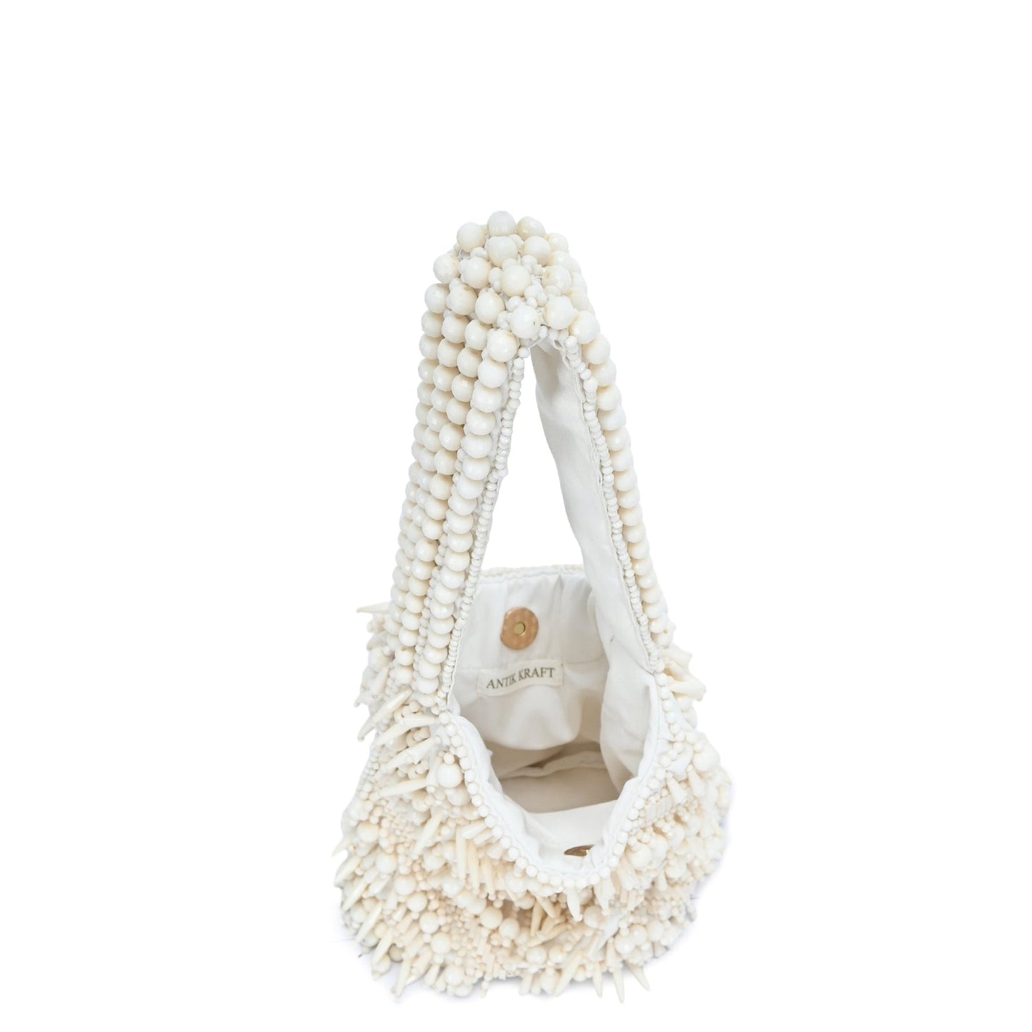 The Averlee Artisan Beaded Mini Bucket Bag in Cream